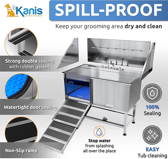 KANIS Professional Dog Washing Station - 304 Stainless Steel Pet Wash Sink &amp; Grooming Bath Tub for Home with Ramp, Shower, Floor Grate, Storage Shelf, Faucet, Drain Kit for Large, Medium &amp; Small Pets