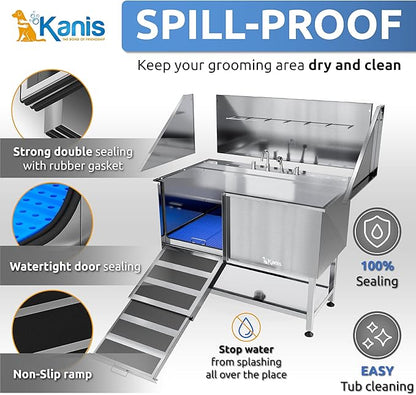 KANIS Professional Dog Washing Station - 304 Stainless Steel Pet Wash Sink &amp; Grooming Bath Tub for Home with Ramp, Shower, Floor Grate, Storage Shelf, Faucet, Drain Kit for Large, Medium &amp; Small Pets