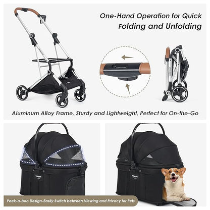 T3 Pro 3-in-1 Small Pet Stroller for Dog &amp; Cats, 4 Wheels with Detachable Carrier with Pad, Canopy and Cup Holder (Black)