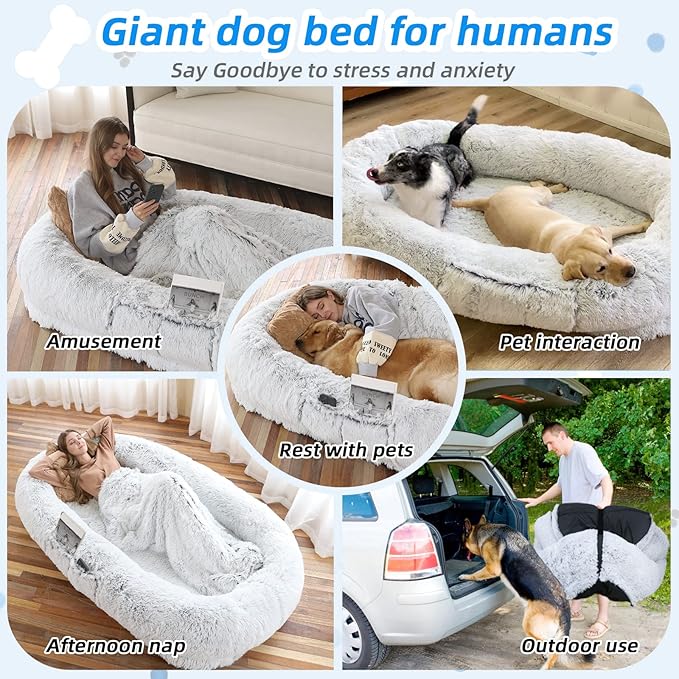 Human Dog Bed - 71"x45"x12" Fits You &amp; Pets, Washable Faux Fur, Orthopedic, Plump Pillow, Blanket, Strap - Grey