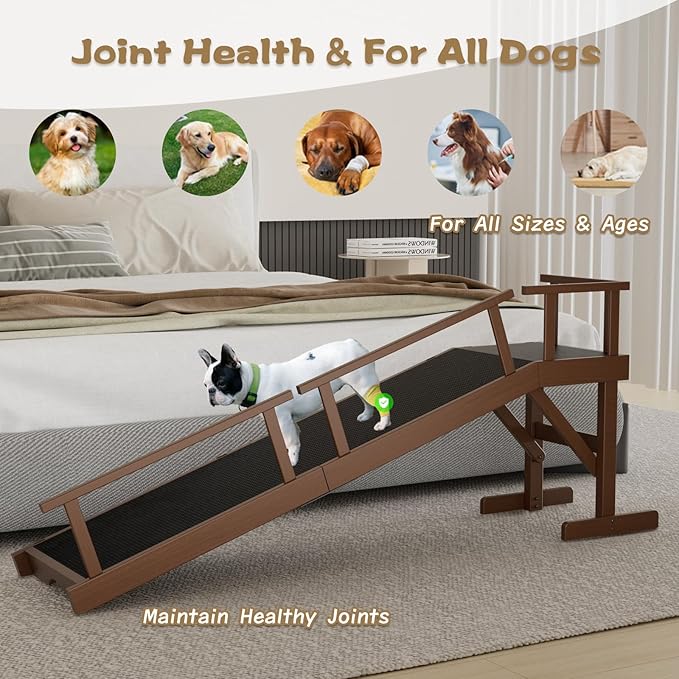 61" Dog Ramp for Bed, Pet Ramp with Removable Side Rail and Non-Slip Surface, Pet Ramp for Small &amp; Large &amp; Senior Dogs with Rest Platform and DIY Glow Strips,Dog Stairs for Couch, Brown