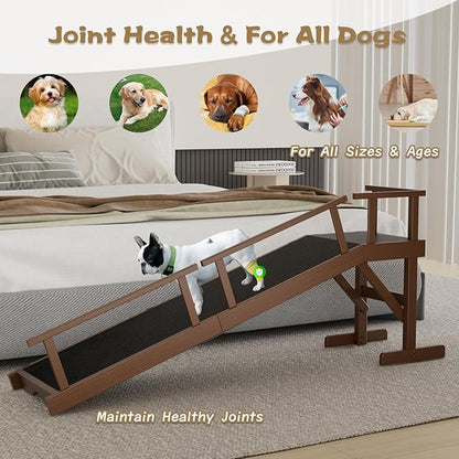 61" Dog Ramp for Bed, Pet Ramp with Removable Side Rail and Non-Slip Surface, Pet Ramp for Small &amp; Large &amp; Senior Dogs with Rest Platform and DIY Glow Strips,Dog Stairs for Couch, Brown