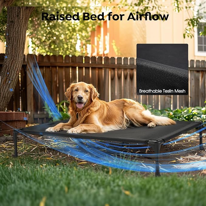 Veehoo Cooling Elevated Dog Bed + Removable Fluffy Pillow-Top Mat, Plush Dog Bed with Bolster, Breathable Mesh, No-Slip Feet, Portable Raised Dog Bed for Indoor &amp; Outdoor, 32"x25", Medium, CWC2331E