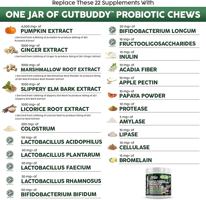 Probiotics for Dogs with Pumpkin, Colostrum, Digestive Enzymes, Ginger, Slippery Elm, Licorice, Inulin Fiber &amp; More | Beef Flavor Soft Chews for Gut Health and Digestion Dog Supplement