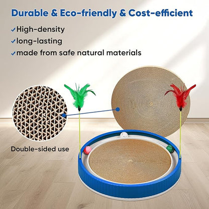 20-Inch Round Cat Scratcher with Ball Track – 3-in-1 Cardboard Scratching Pad with Feather Toy &amp; Non-Slip Base – Interactive Cat Toy for Indoor Cats, Kittens &amp; Large Cats (Blue)