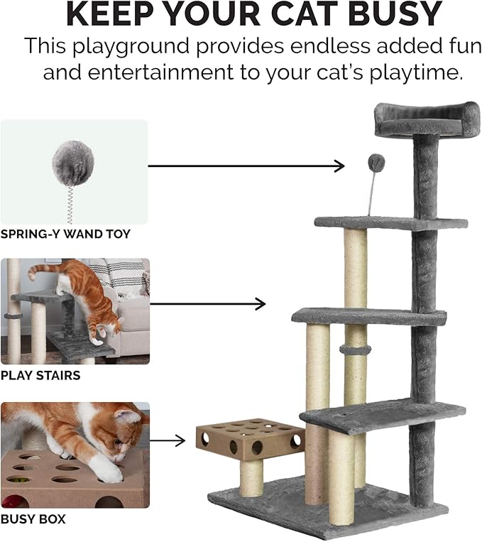 Furhaven 49.5" Tall Cat Tree for Indoor Cats, Ft. Sisal Scratching Posts, Plush Ball Toy, &amp; Busy Box Toy - Tiger Tough Play Stairs Interactive Playground Tower - Gray, One Size