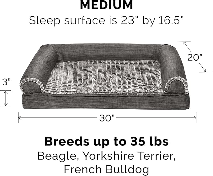 Furhaven Orthopedic Dog Bed for Medium/Small Dogs w/ Removable Bolsters &amp; Washable Cover, For Dogs Up to 35 lbs - Luxe Faux Fur &amp; Performance Linen Sofa - Charcoal, Medium