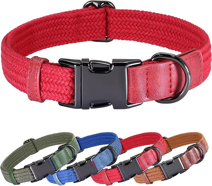 PET ARTIST Soft Cotton Dog Collar for Medium Dogs in Glamorous Red, Simple Dog Collar with Quick Release Metal Buckle &amp; D Ring, M Size (13-21")