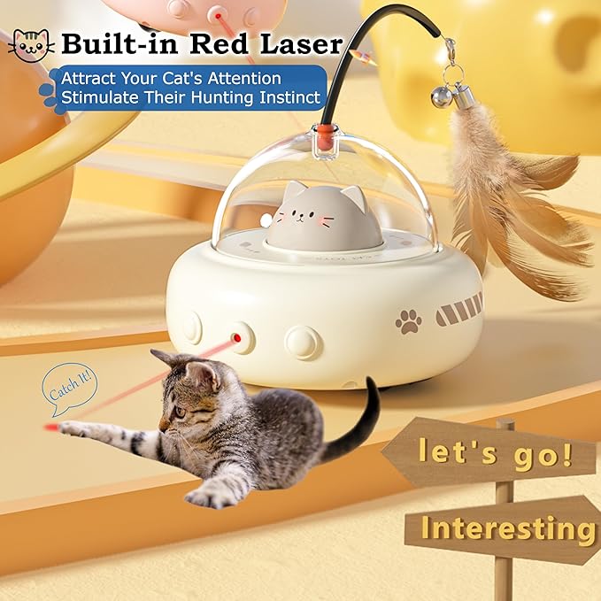 hooroor 2-in-1 UFO Laser Cat Toy – Automatic Motion with Feather, Rechargeable Smart Sensor Interactive Toy for Indoor Cats &amp; Dogs, Fun Exercise &amp; Play, Perfect Pet Gift