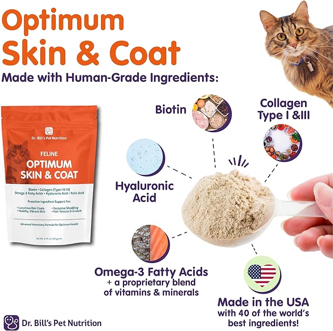 Dr. Bill’s Feline Optimum Skin &amp; Coat – Fish Oil Omega-3 Fatty Acids for Cats Healthy Fur | Reduce Shedding and Hairballs with Biotin, Type I &amp; III Marine Collagen, Hyaluronic Acid, &amp; Folic Acid
