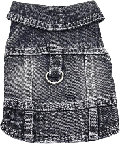 Puppy Clothes for Small Dogs Boy,Classic Western Denim Dog Coat,Dog Jeans Jacket with Leash D-Ring,Pet Cat Costumes,Cooling Harness Vest for Walking (Black, Large)