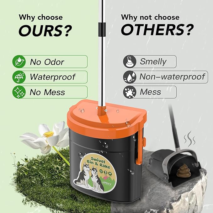UPSKY Dog Pooper Scooper Swivel Bin &amp; Rake Kit with 100 Waste Bags,33.4" Stainless Steel Long Handle Heavy Duty Pet Poop Shovel for Large Medium Small Dogs, Odor-Proof Lid for Yard/Lawn/Outdoor Use