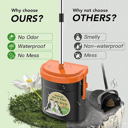 UPSKY Dog Pooper Scooper Swivel Bin &amp; Rake Kit with 100 Waste Bags,33.4" Stainless Steel Long Handle Heavy Duty Pet Poop Shovel for Large Medium Small Dogs, Odor-Proof Lid for Yard/Lawn/Outdoor Use
