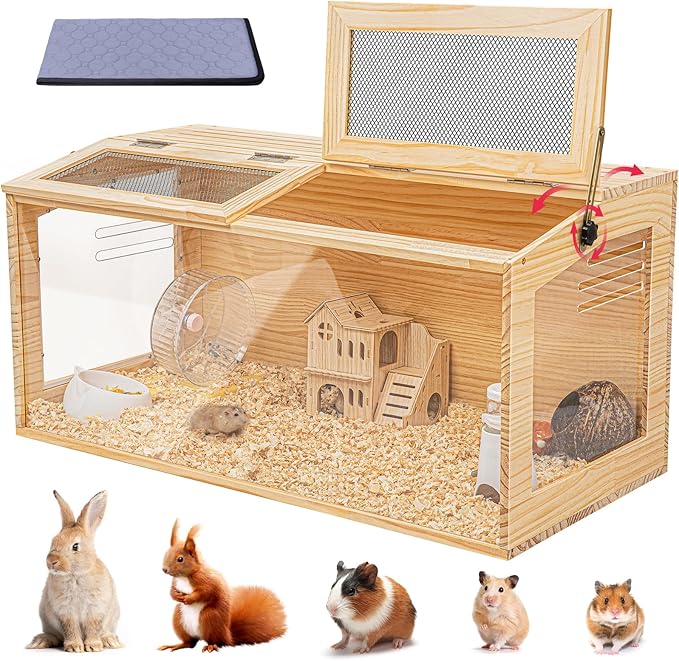 Hamster Cage 40 Inch Wooden Chewproof, 270° View Habitat with Bite-Proof Metal Mesh &amp; Dual Access Doors, Acrylic Sheets &amp; Solid Build for Dwarf Syrian Hamsters/Gerbils/Guinea Pigs/Chinchillas