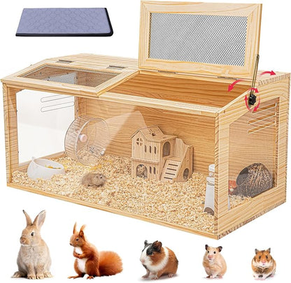 Hamster Cage 40 Inch Wooden Chewproof, 270° View Habitat with Bite-Proof Metal Mesh &amp; Dual Access Doors, Acrylic Sheets &amp; Solid Build for Dwarf Syrian Hamsters/Gerbils/Guinea Pigs/Chinchillas