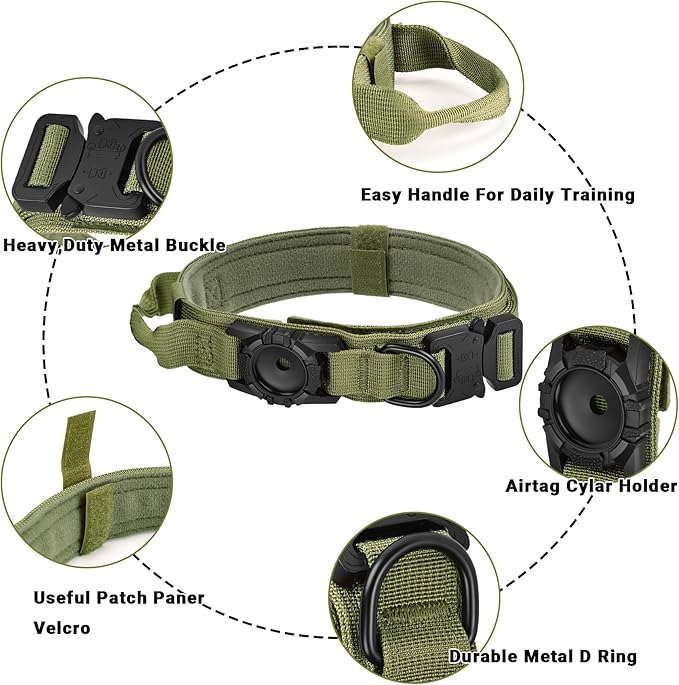 Tactical AirTag Dog Collar - Heavy Duty, Adjustable GPS Collar Compatible with Apple AirTag, with Holder &amp; Control Handle for Medium/Large Dogs [ Green, M ]