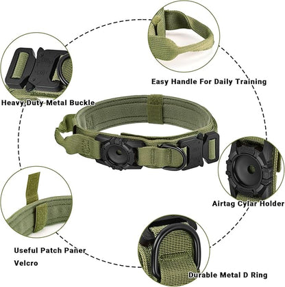 Tactical AirTag Dog Collar - Heavy Duty, Adjustable GPS Collar Compatible with Apple AirTag, with Holder &amp; Control Handle for Medium/Large Dogs [ Green, M ]