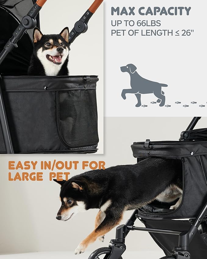 Medium Dog Stroller for Large Dogs, pet Stroller for Medium Dogs Up to 66lbs, All-Terrain with Adjustable Handle &amp; Canopy, Sun Shades, Storage Organizer, Waterproof Oxford Fiber