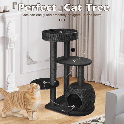 KAMABOKO Modern Cat Tree, 39" Tall Cat Tree Black for Kittens Climb Play &amp; Rest, Cat Trees for Indoor Cats w/Natural Sisal Scratching Posts, Hand-Woven Condo &amp; Top Perch