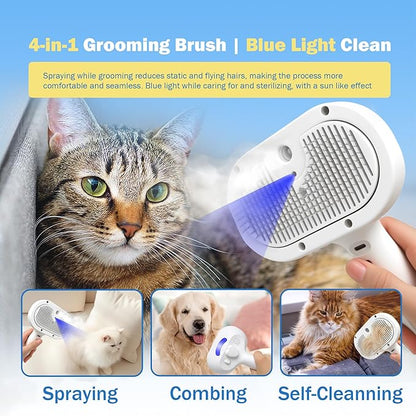 4-in-1 Pet Grooming Steam Brush for Cats &amp; Dogs – Steam Spray, Blue Light, Hair Removal, Self-Cleaning Comb – Includes Pet Waterless Shampoo