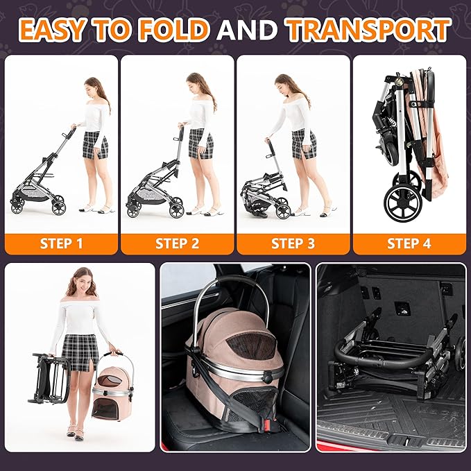Kenyone 3-in-1 Pet Stroller for Small Medium Dogs Puppy Cat Stroller with Detachable Carrier &amp; Pad Lightweight Foldable Aluminum Alloy Frame Dual No-Zip Entry(Pink)