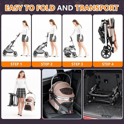 Kenyone 3-in-1 Pet Stroller for Small Medium Dogs Puppy Cat Stroller with Detachable Carrier &amp; Pad Lightweight Foldable Aluminum Alloy Frame Dual No-Zip Entry(Pink)