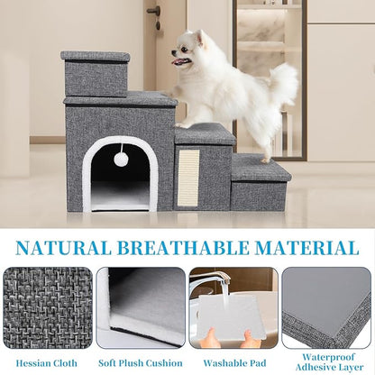 Dog Stairs for Bed and Couch 23“H, Foldable Dog Stairs for Small Older Dogs, 4 in 1 Adjustable Pet Cat Steps Ramps with Storage, Condo, Cat Scratcher, Hold Up to 180LBS, 4 Steps