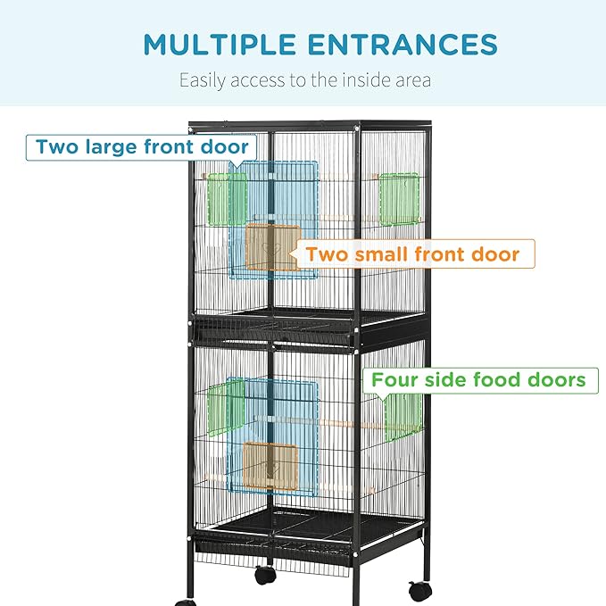PawHut Large Bird Cage with 1.7 ft. Width for Wingspan, Bird Aviary Indoor with Multi - Door Design, Fit for a Canary, Finch, Conure, 55", Black