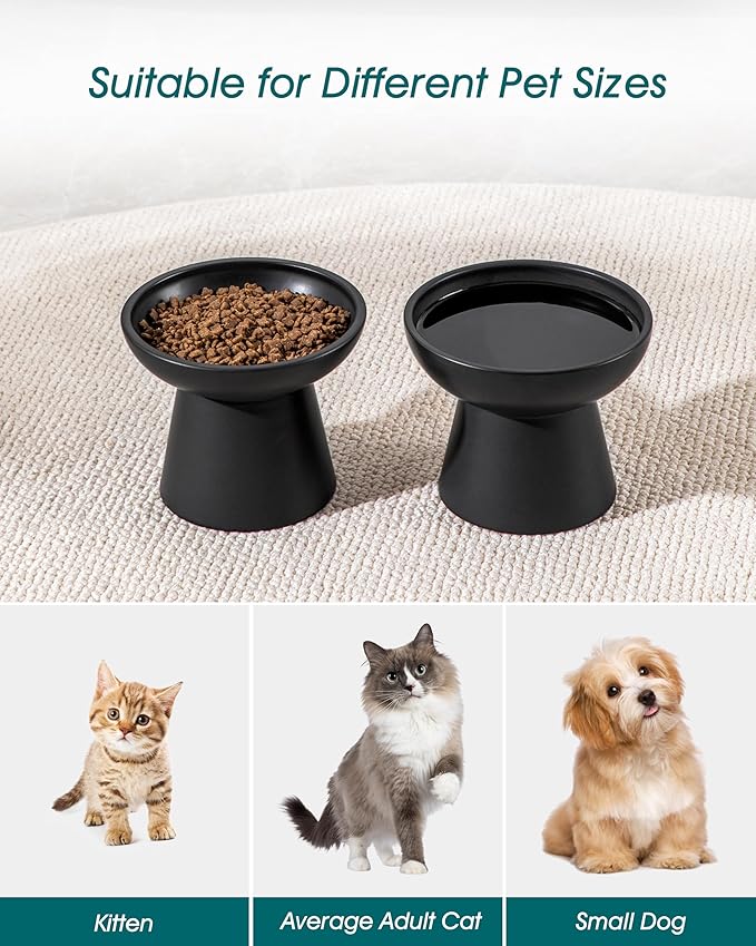 vancasso Ceramic Elevated Cat Bowls 2-Pack - 6.2" Extra Wide Raised Cat Food &amp; Water Dishes, 5.1" Optimal Height Anti-Whisker Fatigue Shallow Bowls for Cats/Kittens/Dogs, Lead &amp; Cadmium Free (Black)