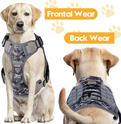 Heavy-Duty Tactical Dog Harness for Large Dogs, No Pull Adjustable Reflective Pet Vest with Molle System, K9 Military-Grade Control for Service Training, Outdoor &amp; 10+ Breeds, Gray Camo, Large