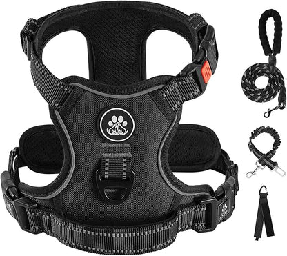 IVY&amp;LANE No Pull Dog Harness for Medium Dogs, Dog Vest Harness with Leash, Safety Belt and Storage Strap, Fully Adjustable Harness, 360° Reflective Strip, Soft Handle (Black, M)