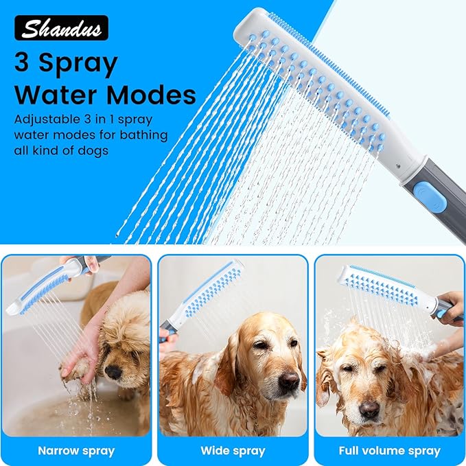 Dog Shower Attachment, Dog Washing Hose Attachment with Metal T-Diverter, Dog Bathing Supplies with 3 Spray Modes &amp; One-Button ON/OFF Indoor and Outdoor Sprayer 8-Foot Hose