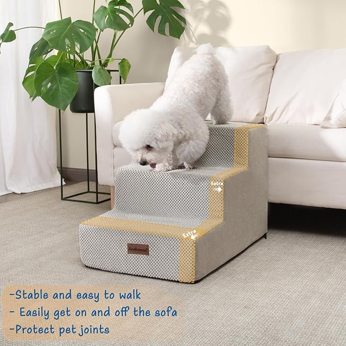 Dog Stairs for Small Dogs &amp; Cats, 3-Step Extra Wide Non-Slip Pet Steps for Couch Sofa and Chair, Light Grey, 15.7" H