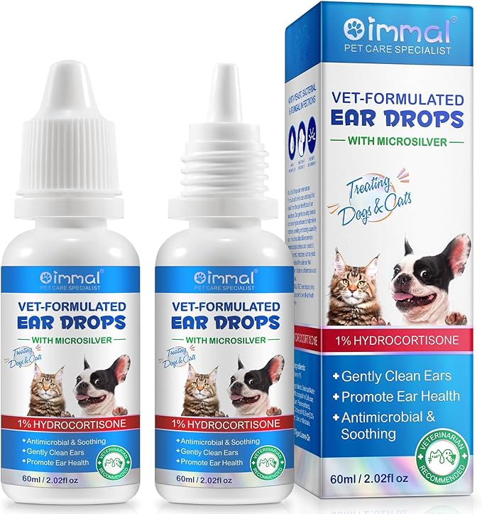 Dog Cat Ear Infection Treatment Drops, Pets Ear Cleaning Drops with 1% Hydrocortisone for Dog &amp; Cats Yeast Infection, Itchy Ear Relief, Pet Ear Care Supplies for Dogs &amp; Cats -2fl oz(2PCS)