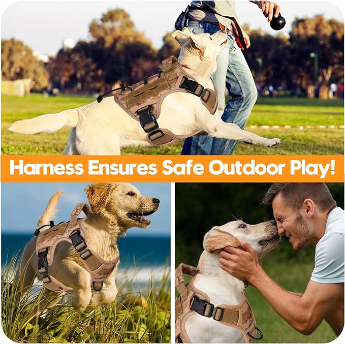 Heavy-Duty Tactical Dog Harness for Large Dogs, No Pull Adjustable Reflective Pet Vest with Molle System, K9 Military-Grade Control for Service Training, Outdoor &amp; 10+ Breeds, Khaki Camo, Small