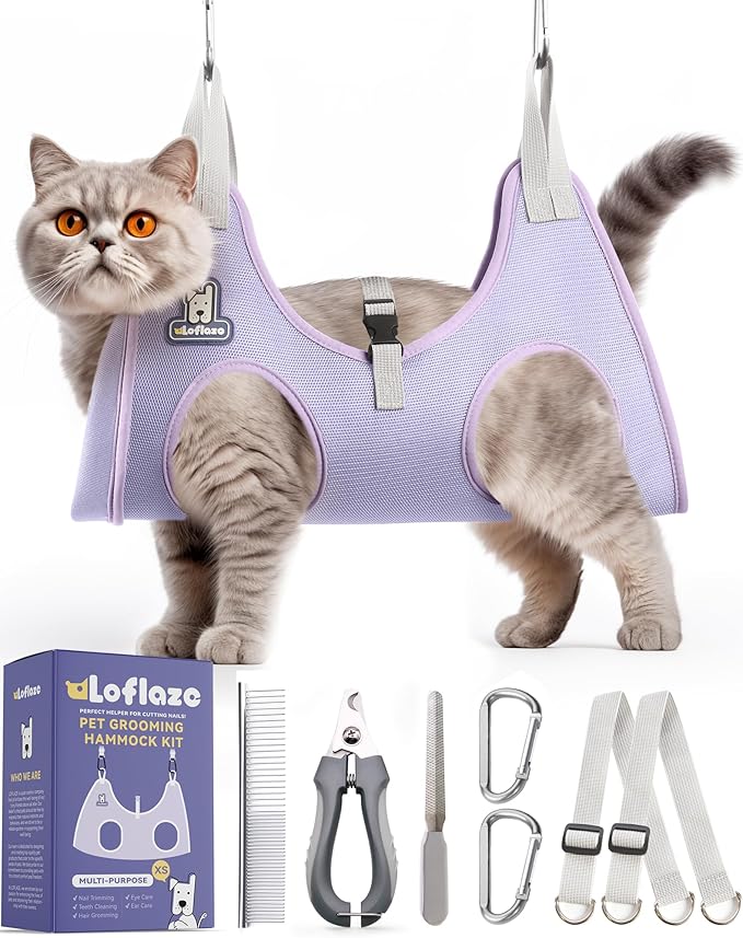 Dog Grooming Hammock Harness for Dogs &amp; Cats with Pet Nail Clipper Trimmer - Cat Hanger Sling for Trimming Clipping Nails- Dog Hammock Restraint Bag for Small Medium Large pet （ Purple XS）