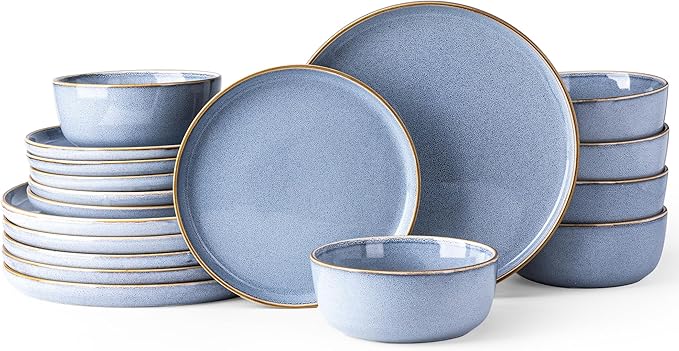 GBHOME Ceramic Dinnerware Sets for 6, 18 Pieces Stoneware Plates and Bowls Sets, Scratch Resistant Dish Sets for Dinner, Dishwasher &amp; Microwave Safe, Brunnera Blue