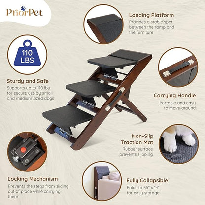 Dog Steps for Bed &amp; Couch 2-in-1 Dog Stairs/Ramp - Height Adjustable Dog Ramp for Couch 7” - 20” - Pet Stairs, Dog Stairs for Small Dogs - Easy to Move Pet Steps with Landing Platform, Walnut