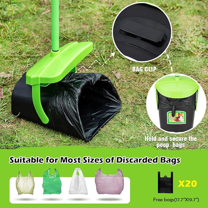 MXF Pooper Scooper Swivel Bin &amp; Rake Kit with 20 Waste Bags, 36.6" Long Handle Adjustable Portable Non-Breakable Dog Pooper Scooper for Large Medium Small Dogs, Poop Scooper for Lawn Yard Dog Kennel