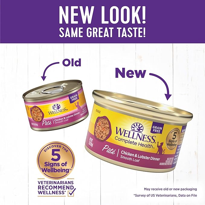 Wellness Complete Health Pate Adult Wet Cat Food, Natural, Protein-Rich, Grain Free, 3 Ounce, 24 Pack, (Chicken &amp; Lobster)