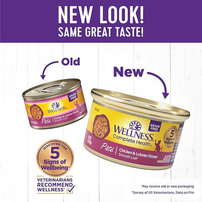 Wellness Complete Health Pate Adult Wet Cat Food, Natural, Protein-Rich, Grain Free, 3 Ounce, 24 Pack, (Chicken &amp; Lobster)