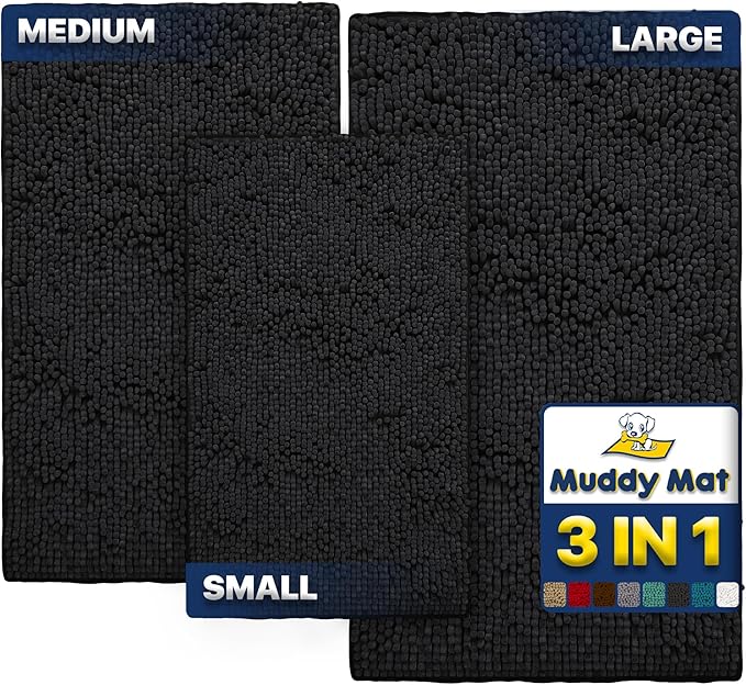 Muddy Mat® Pack of 3 Highly Absorbent Microfiber Dog Door Mat and Pet Rug, Non Slip Thick Washable Area Mat Soft Chenille for Kitchen Bathroom Bedroom and Outdoor - Black Small, Medium &amp; Large