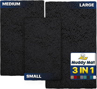 Muddy Mat® Pack of 3 Highly Absorbent Microfiber Dog Door Mat and Pet Rug, Non Slip Thick Washable Area Mat Soft Chenille for Kitchen Bathroom Bedroom and Outdoor - Black Small, Medium &amp; Large