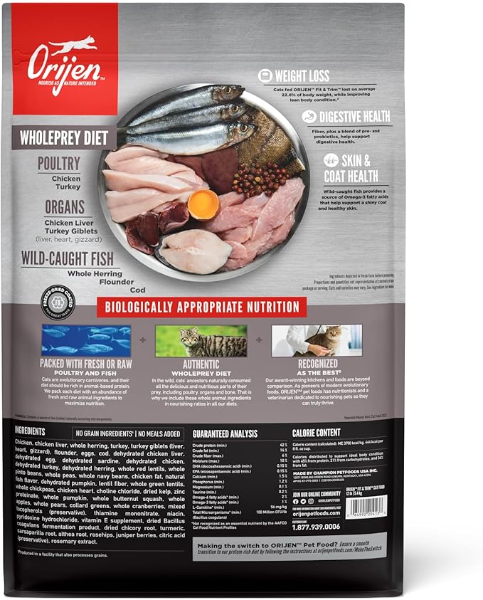 ORIJEN Fit &amp; Trim Grain Free High Protein Premium Dry Cat Food 12lb Bag