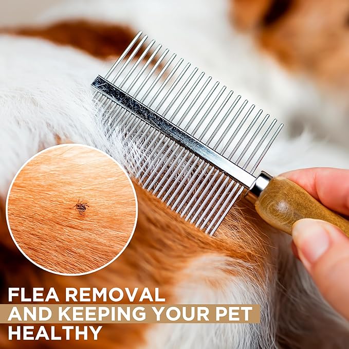 Takavu Double-Sided Metal Pet Comb for Dogs &amp; Cats - Stainless Steel Teeth for Detangling, Removing Loose Hair &amp; Flea Check - Grooming Tool