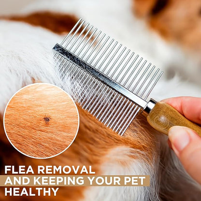 Takavu Double-Sided Metal Pet Comb for Dogs &amp; Cats - Stainless Steel Teeth for Detangling, Removing Loose Hair &amp; Flea Check - Grooming Tool