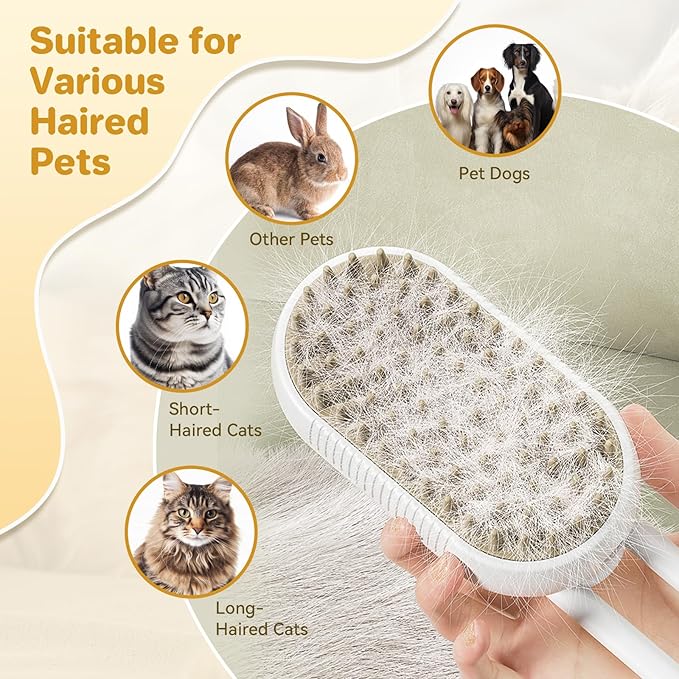LunaSync Cat Steam Brush for Shedding, 4 in 1 Rechargeable Pet Grooming Brush for Cats and Dogs, Anti-Static Deshedding Tool with Massage &amp; Cleaning, Comb for Long Short Hair - White