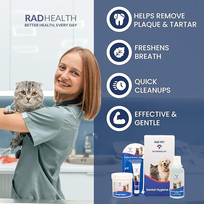 RAD PET - Advanced Pet Dental Hygiene Kit, Vet-Formulated Cat &amp; Dog Tooth Brushing Kit, Complete Oral Care with Cat/Dog Toothbrush and Toothpaste (Enzymatic), Pet Dental Wipes &amp; Water Additive
