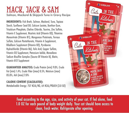 Weruva Cats in The Kitchen Mack, Jack &amp; Sam with Mackerel, Skipjack &amp; Salmon in Gravy Cat Food, 3oz Pouch (Pack of 12)