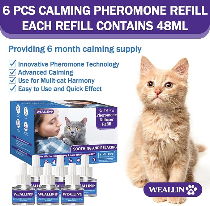6 Pack Cat Calming Diffuser Refills - Cat Pheromones Calming Diffuser Refill Relieve Anxiety &amp; Stress 6 Month Supply, Cat Pheromone Diffuser Refills (Fits All Common Diffuser Heads)